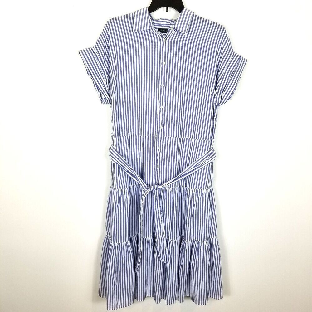 LAUREN RALPH LAUREN  Ruffle-Tiered Fit & Flare  Shirtdress Midi Size 16W Striped
